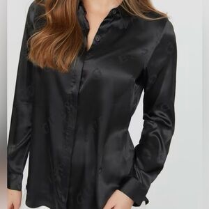 Guess Women's Galina Logo Black Satin Blouse Size S